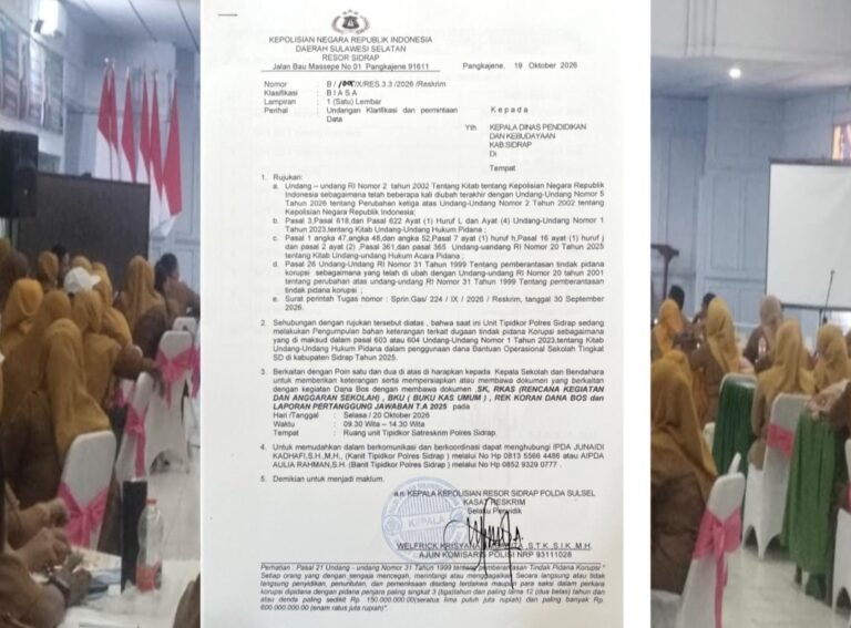 Bau Menyengat Pengelolaan Dana BOS SD 2025, Polres Sidrap Panggil Kadisdik dan Pihak Sekolah
